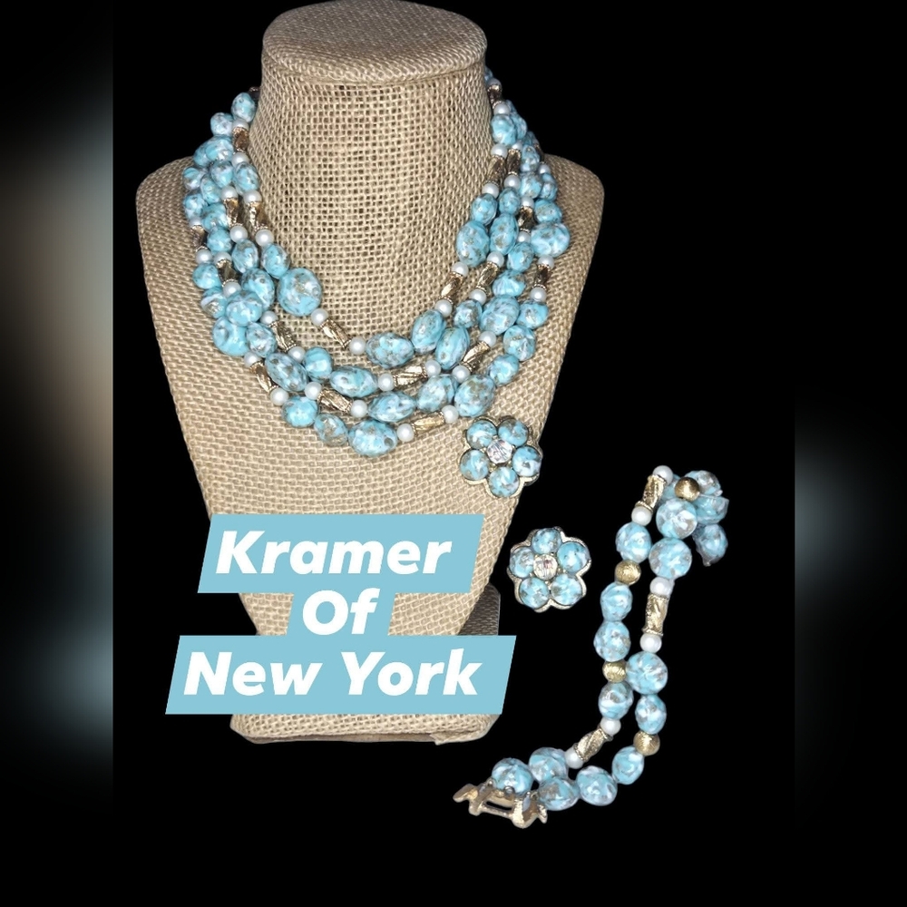 KRAMER OF NEW YORK Turquoise and Gold Art Glass Parure